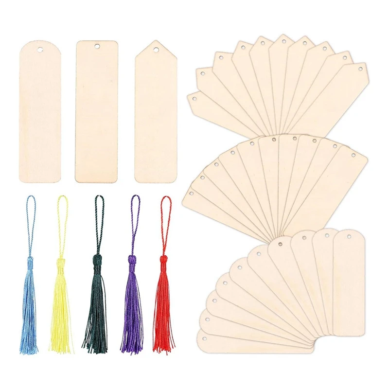 

30PCS DIY Wooden Bookmark Set Craft Unfinished Wood Tags Semicircle Triangle Bookmark Tassels