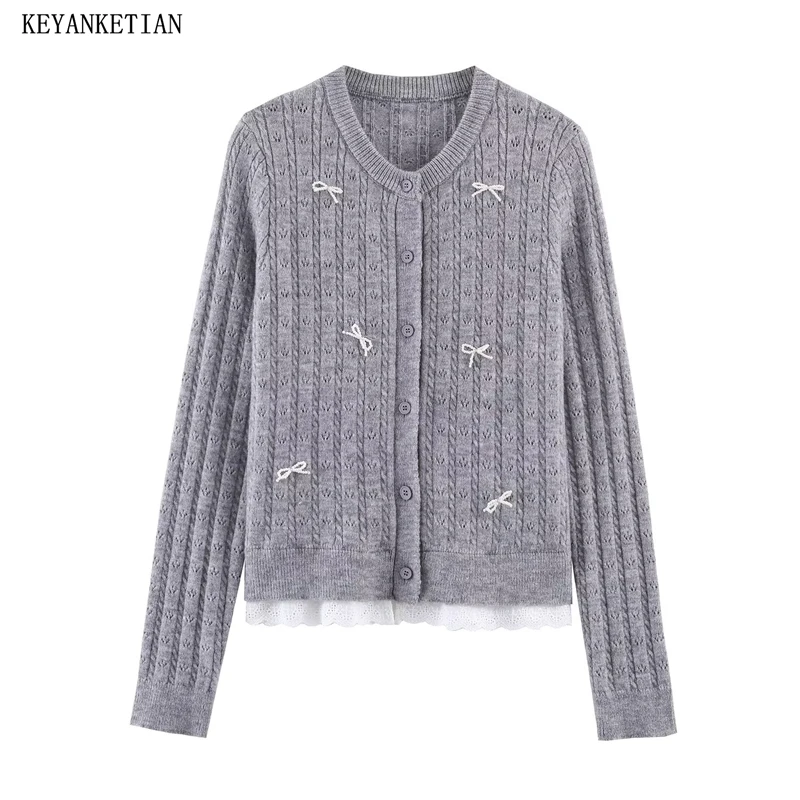 

KEYANKETIAN 2026 New Women's Grey Knit Cardigan Faux Pearl Bow Buttons Lace Decoration Hem Long Sleeve Preppy Sweater Top