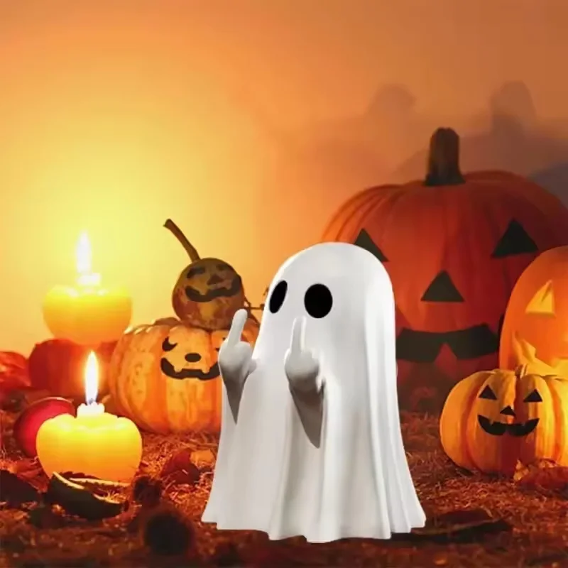 1 pieza de estatua de resina de fantasma lindo con dedo medio, decoración espeluznante de Halloween para estantería, repisa, mesa de centro, exhibición, adorno para fiestas en casa