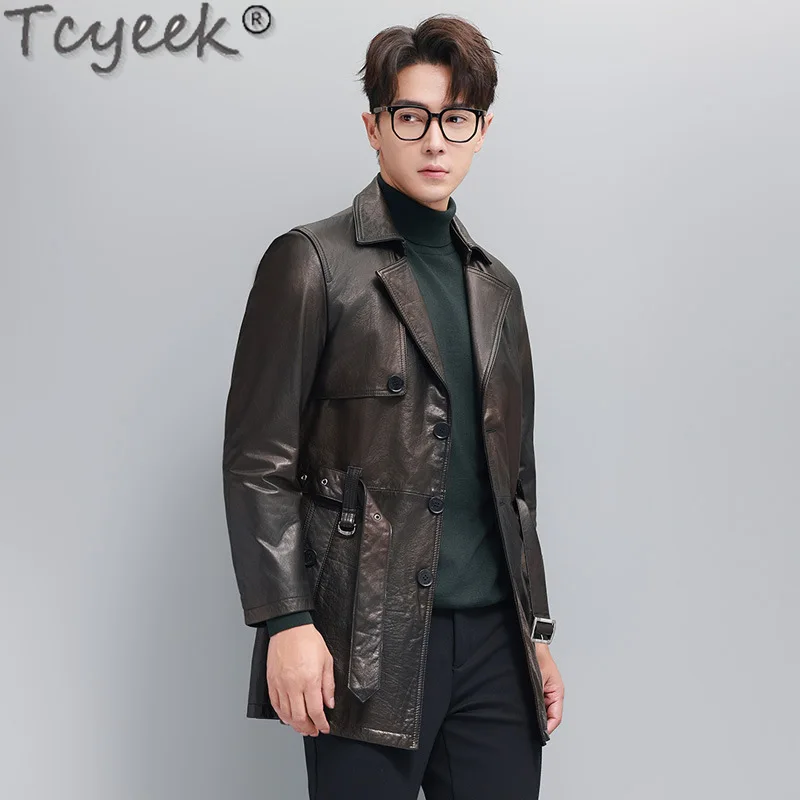 Tcyeek-Veste en cuir véritable pour homme, manteau en cuir de vachette couche supérieure, vêtements de printemps et d'automne, combinaison mi-longue pour homme