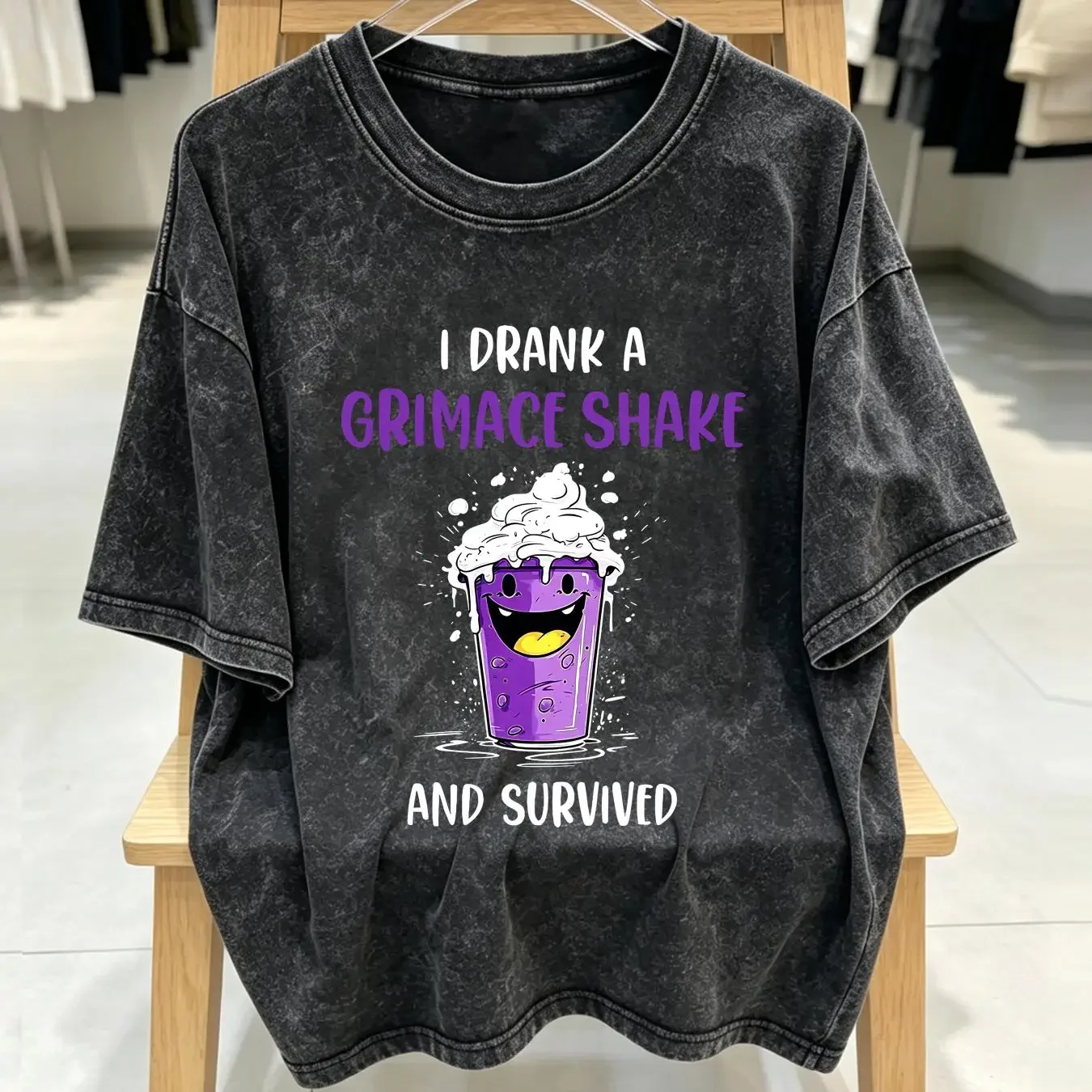 washed T Shirt I drank a grimace shake and survived Black vintage Washed Casual Stylish Soft fashion Top For Everyday Wear