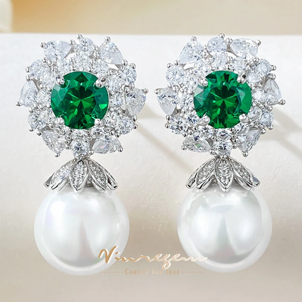 

Vinregem 12MM Pearl Emerald Gemstone Drop Dangle Earrings for Women Vintage 925 Sterling Silver Fine Jewelry Anniversary Gifts