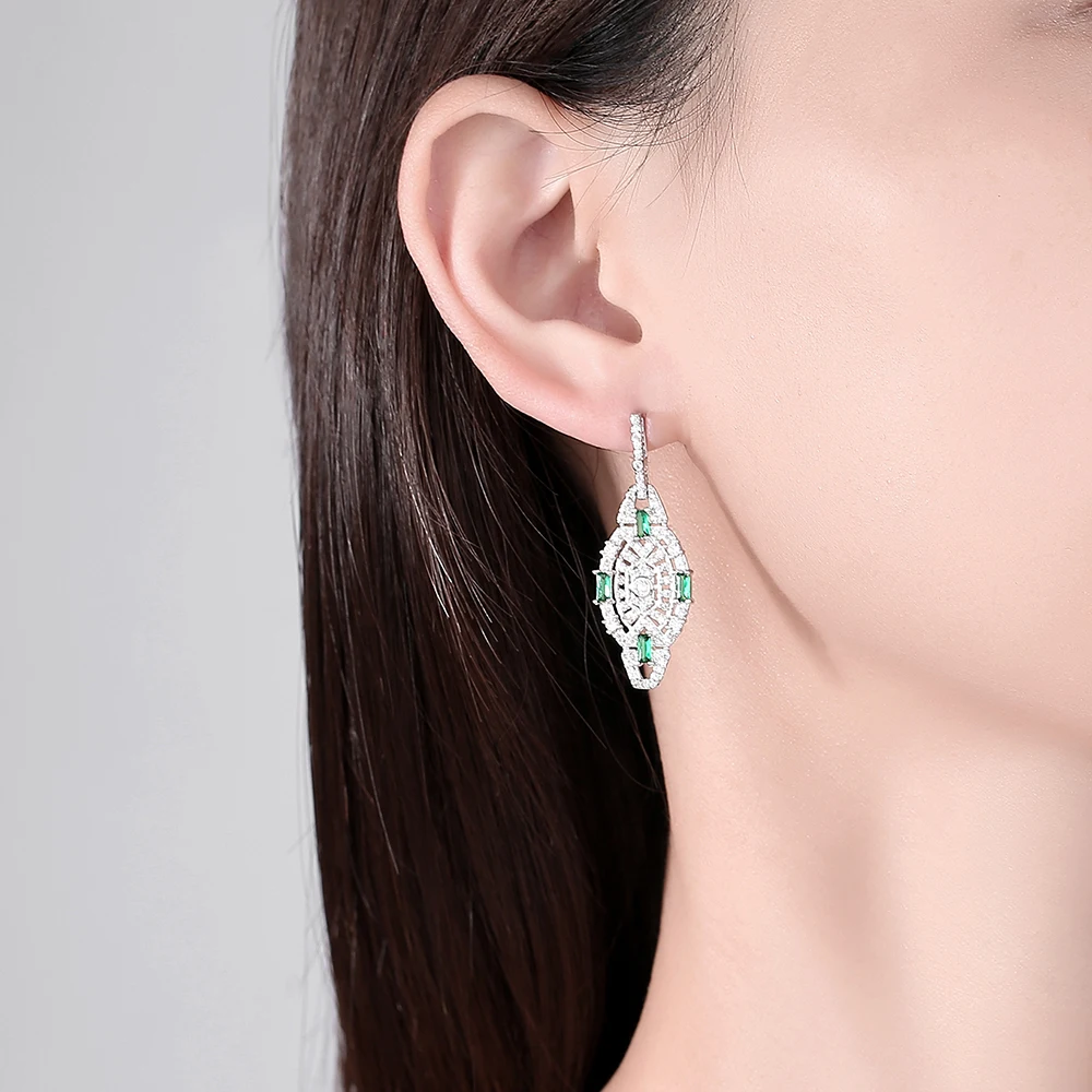 LUOTEEMI Vintage Stunning Imitation Green Jade Drop Earrings for Women Shinning Full Micro CZ Paved Women Wedding Bridal Jewelry