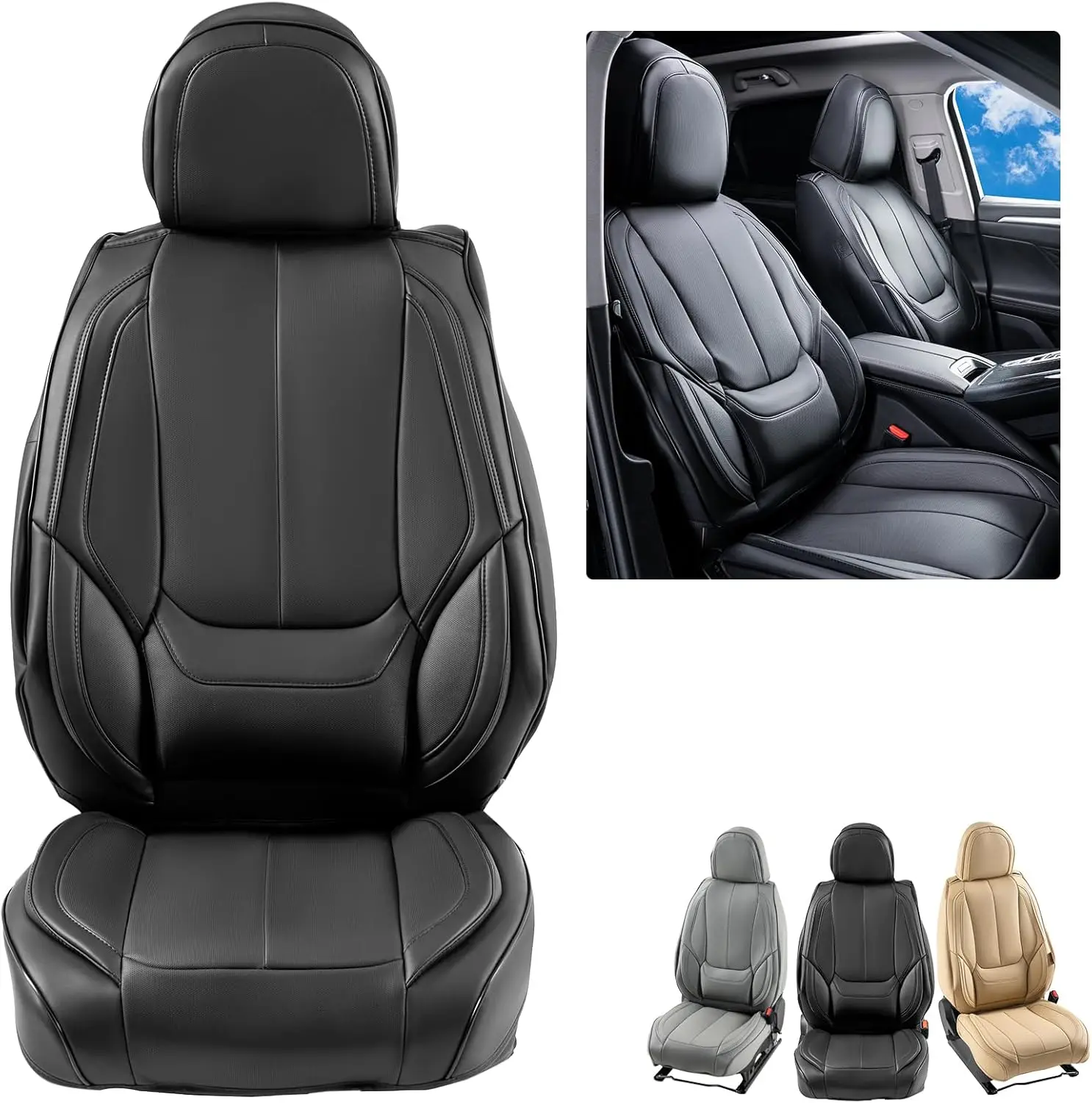 Seat Covers, Universal Car Seat Covers Front Seats, 6pcs Faux Leather Seat Cover, Full Enclosed Design, Detachable Headrest