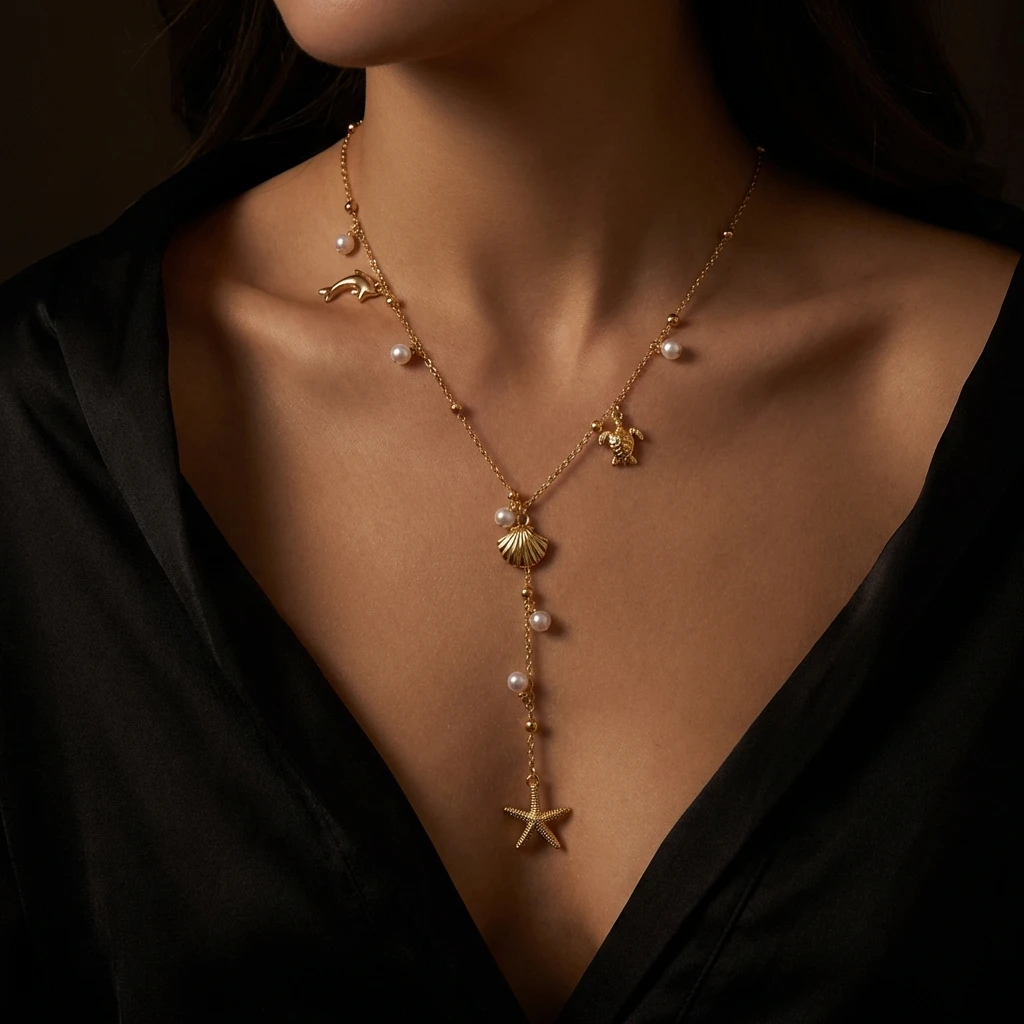 Meerestiere Muscheln Seesterne Lange Quasten-Halskette für Frauen Delfin Schildkröte Perlen-Anhänger Halskette Sommerurlaub Schmuck – Detail 2