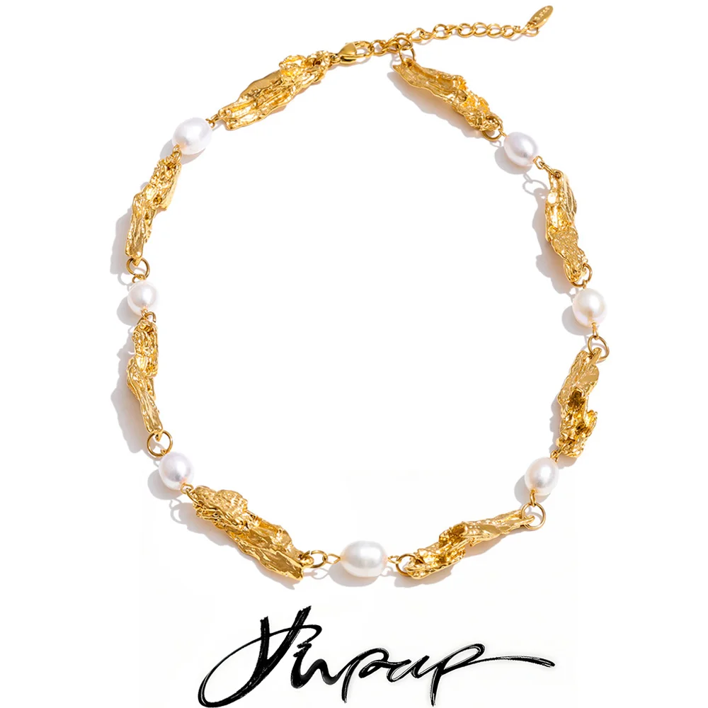 Yhpup Stainless Steel Lava Effect Vintage Fashion Waterproof Necklace with Natural Pearls Handmade Expensive Jewelry PVD Plated