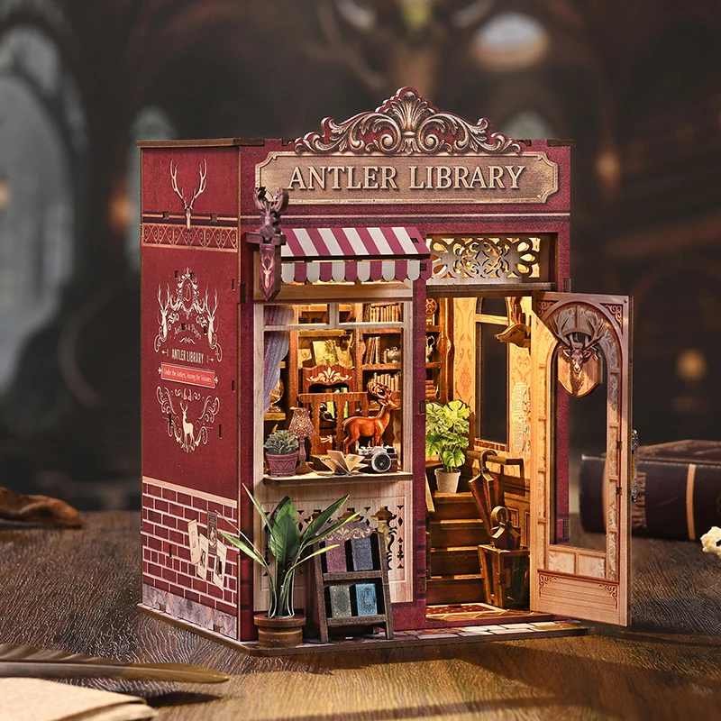 DIY Book Nook Wooden Miniature Model Kits Antler Library Bookend 3D Puzzle Bookshelf for Friends Birthday Gifts