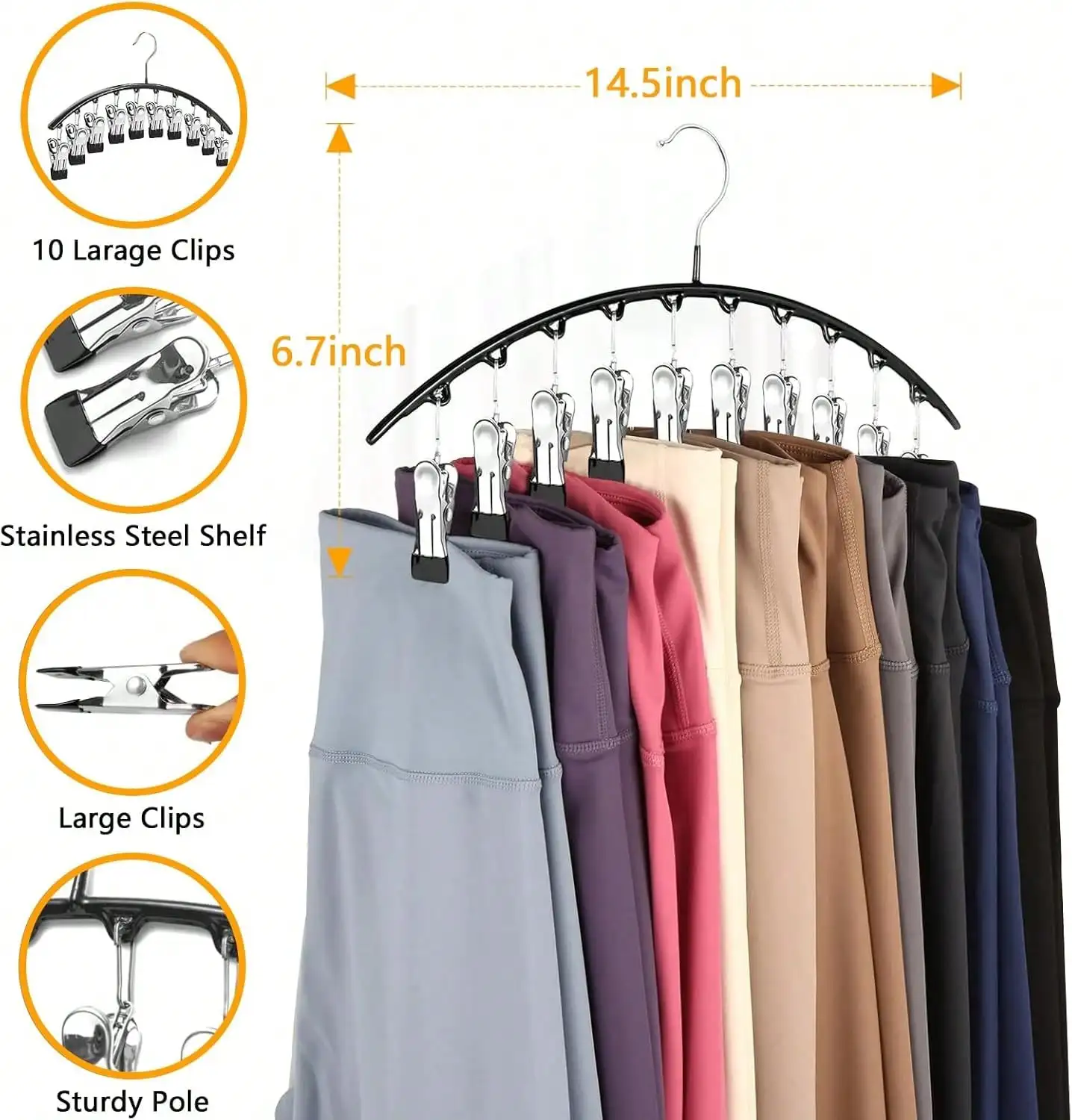 Space-Saving Legging Organizer With 10 Clips - Metal Yoga Pants Hanger, Holds 10 Pairs, Rubber Coated For Closet Storage, Black,Use For Thin Leggings,Thin Jeans,Thin Casual Trousers,Thin Dress Pants,Shorts