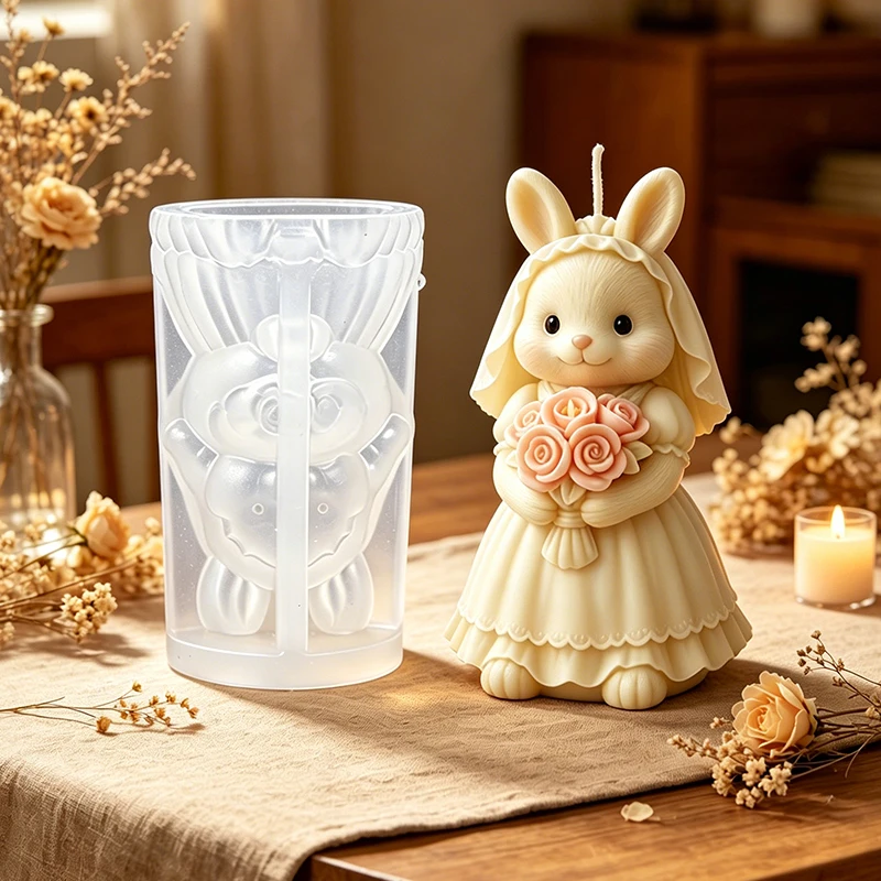 Bride Rabbit Candle Silicone Mold for Wedding Bouquet Wedding Dress Bunny Aroma Soap Wax Craft Mold Valentine's Day Gift ﻿
