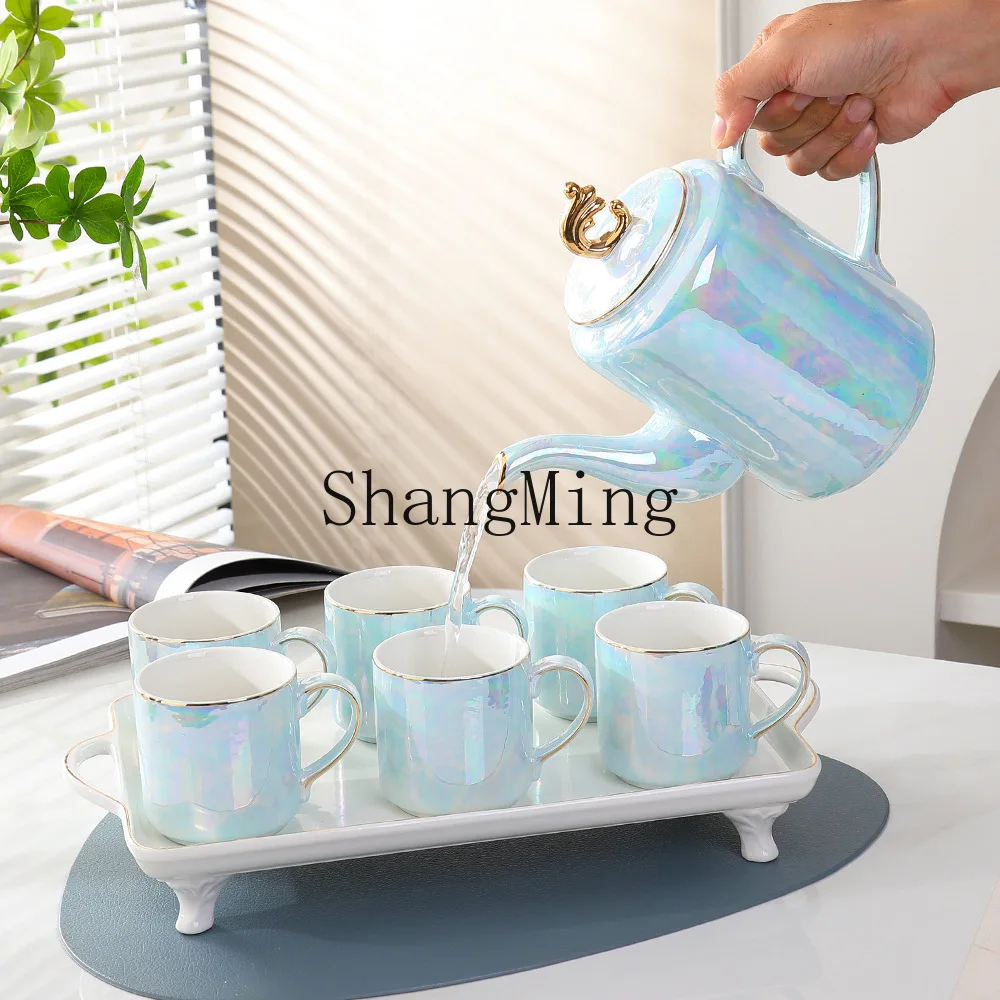 

CL hand-painted blue wave pattern water set ceramic colorful pearlescent Phnom Penh teapot plus tea tray housewarming gift set