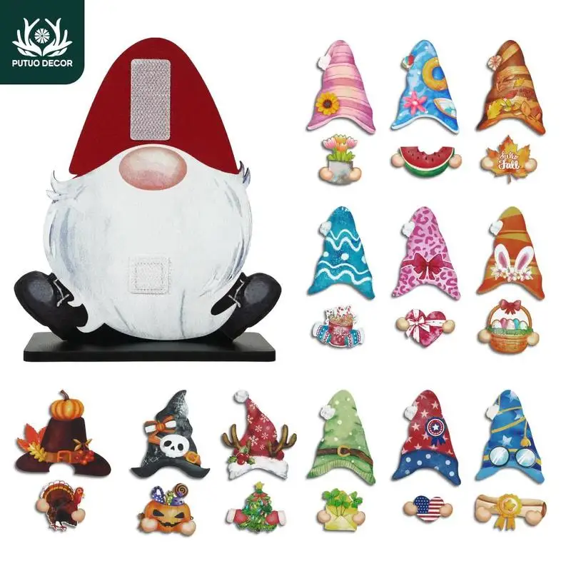 Christmas Cute Cartoon Dwarf Design Wooden Table Decoration,Gnome Shaped Wooden Table Decor with 12 Sets Changeable Velcro Icons