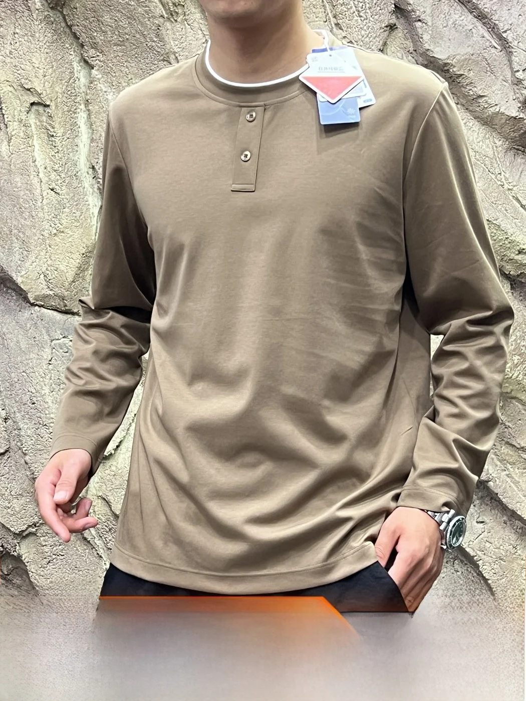  Cotton Blend Retro Henry Collar Long Sleeve T-Shirt Men's Casual Style Fake Two-Piece Base Shirt Breathable Comfortable