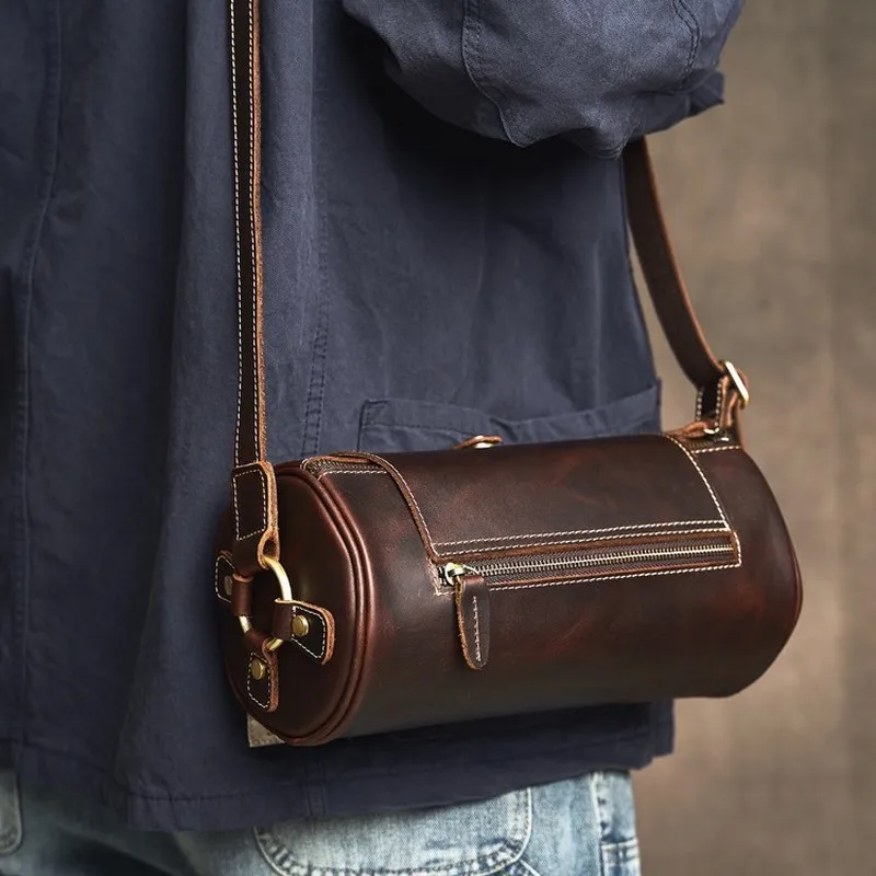 Genuine Cowhide Leather Barrel Bag Large Capacity Vintage Cylinder Crossbody Bag For Women Men Travel Ample Storage Space