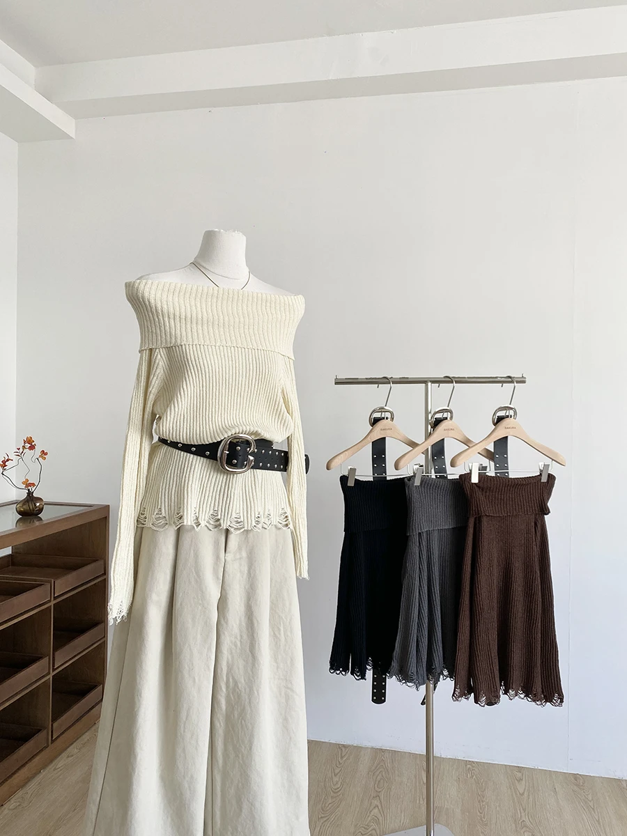 

2025 Autumn New Korean Style Casual Simple One Shoulder Belted Knitted Long Sleeve Slimming Flared Top Women's Fashion