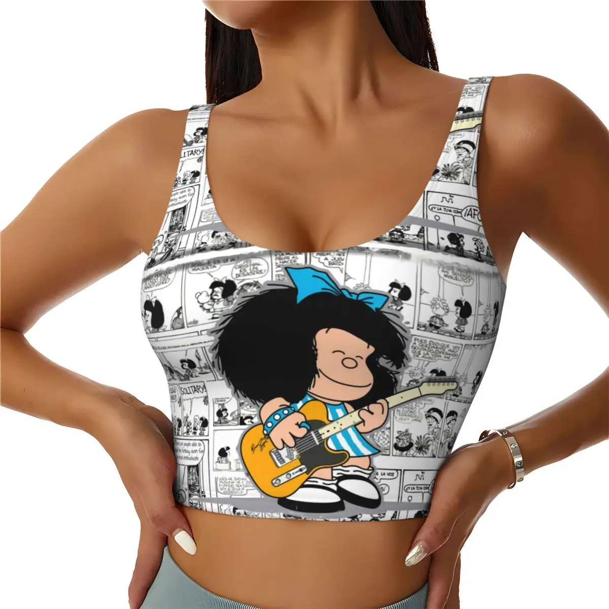 Custom High Impact Kawaii Cartoon Anime Plaid Mafalda Sports Bra Women Quino Gym Workout Yoga Crop Top