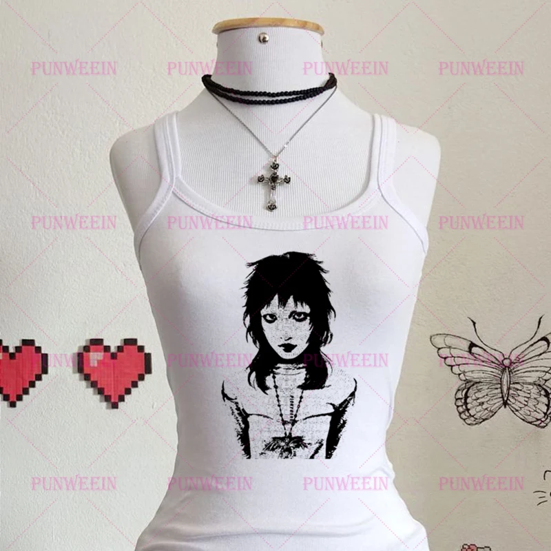 Aesthetic Subculture Vintage Grunge White Camisole Top Streetwear Punk Vintage Punk Crop Top Harajuku gothic chic emo girls vest