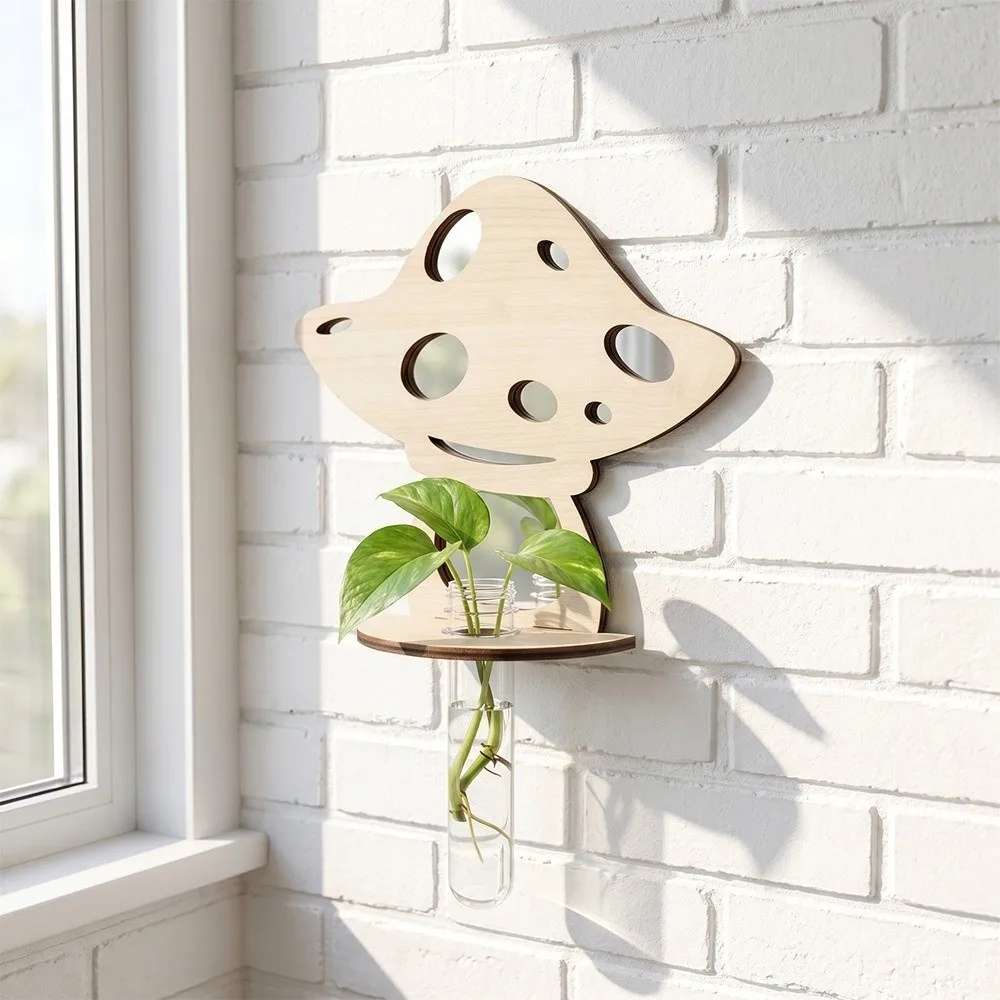 Mirror Wood Wall Mount Flower Shelf Mushroom House Hydroponic Display Wall Flower Vase Thick Space Saving Flower Stand