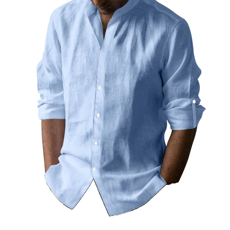 

Мужская повседневная хлопковая льняная длинная све irt с воротником Генри, дышащая летняя гавайская модная городская одежда для молодежи