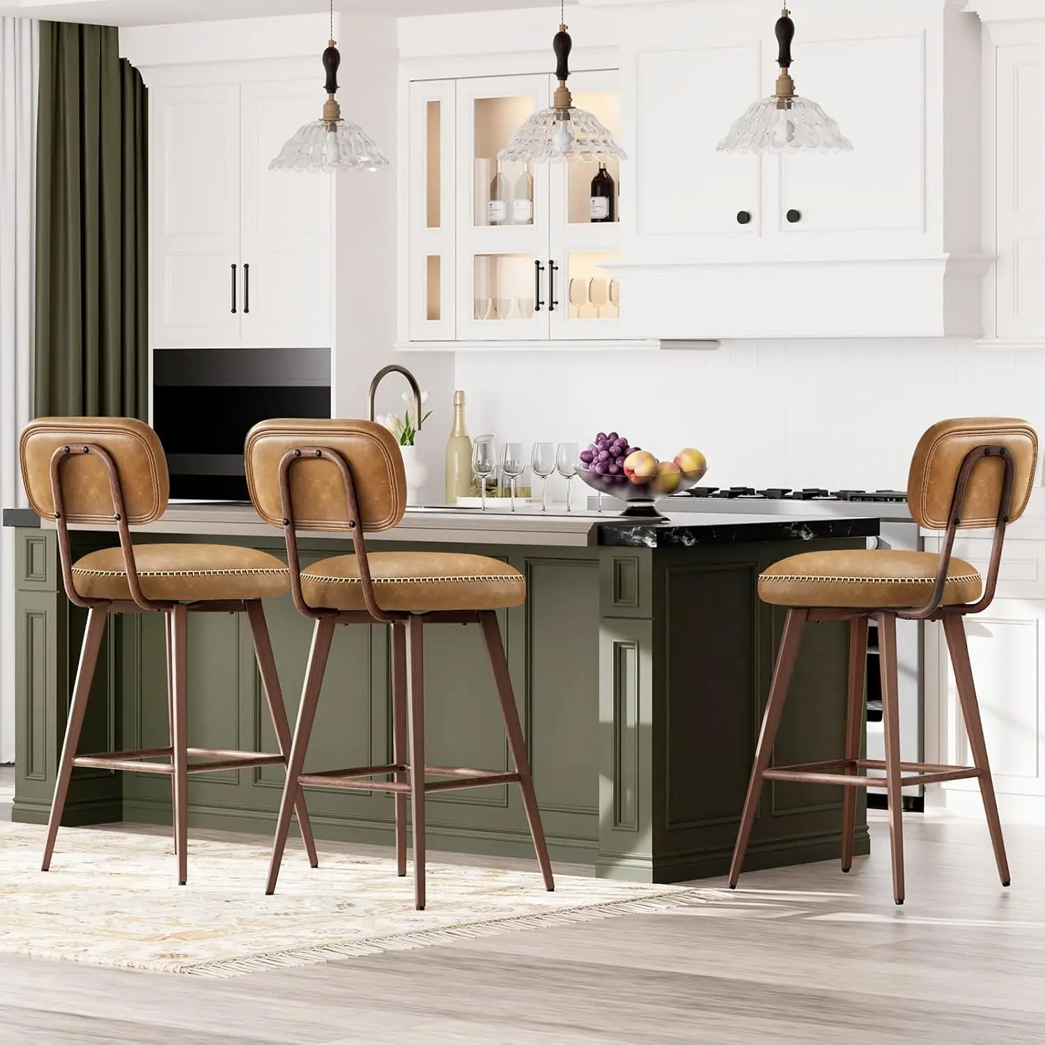 

26" PU Leather Swivel Bar Stools Set of 3, Mid Century Counter Height Bar Chairs with Low Back and Metal Legs for Kitchen Island