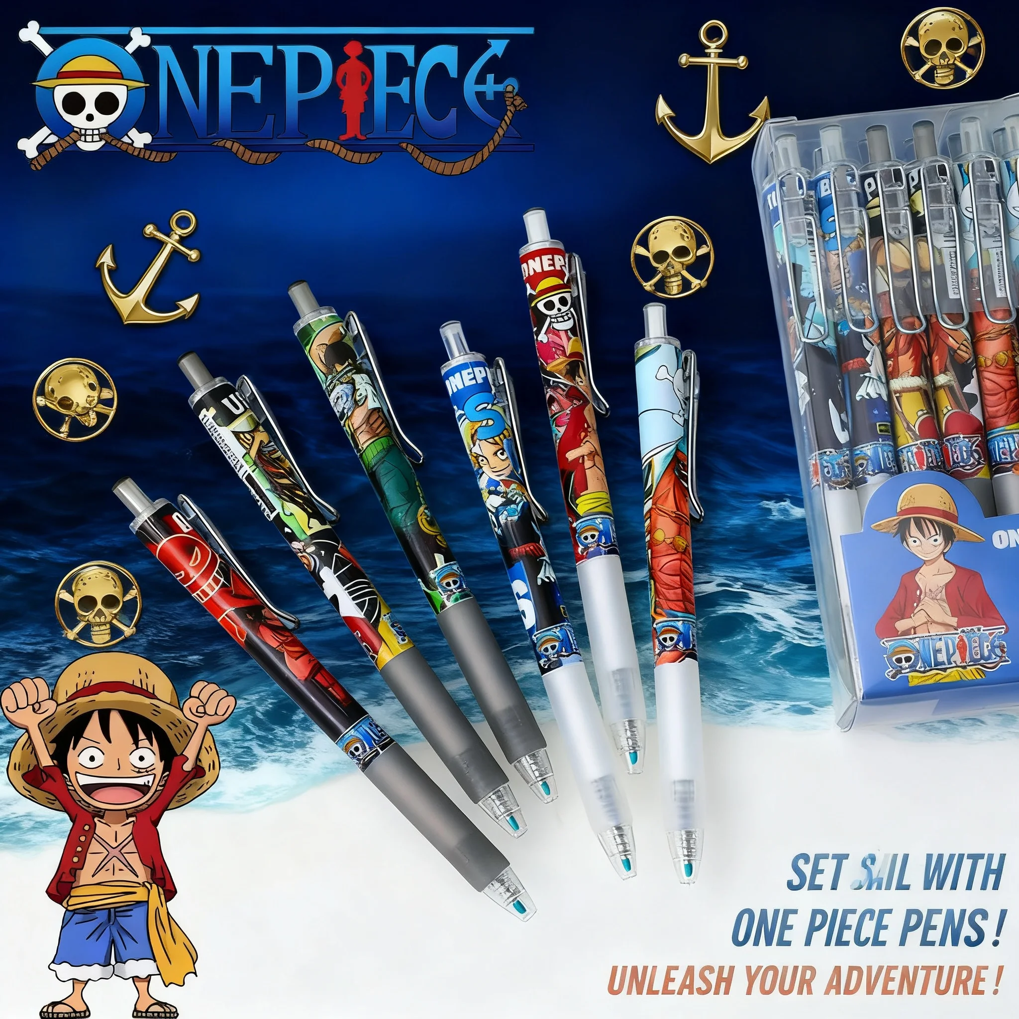 

6/12pcs Anime One Piece Black Ink Pen Cartoon Luffy Zoro 0.5mm Press Gel Signature Pen Kawaii Student Stationery Children Gifts