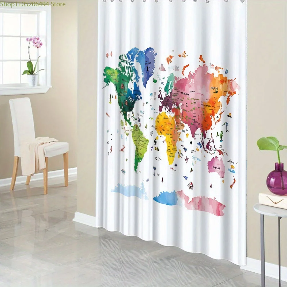 Bathroom Curtains Shower Curtain Luxury 1pc Watercolor World Map Shower Curtain - Vibrant Overlapping Colors for Continents &