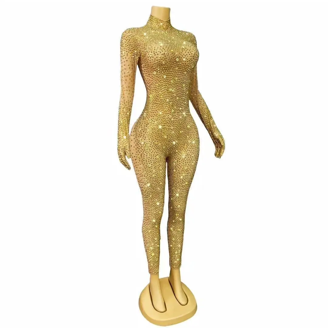 Body de luxe doré scintillant avec strass, fait à la main, spectacle de fête d'anniversaire, tenue de mode, chanteur, danseuse, vêtements de scène