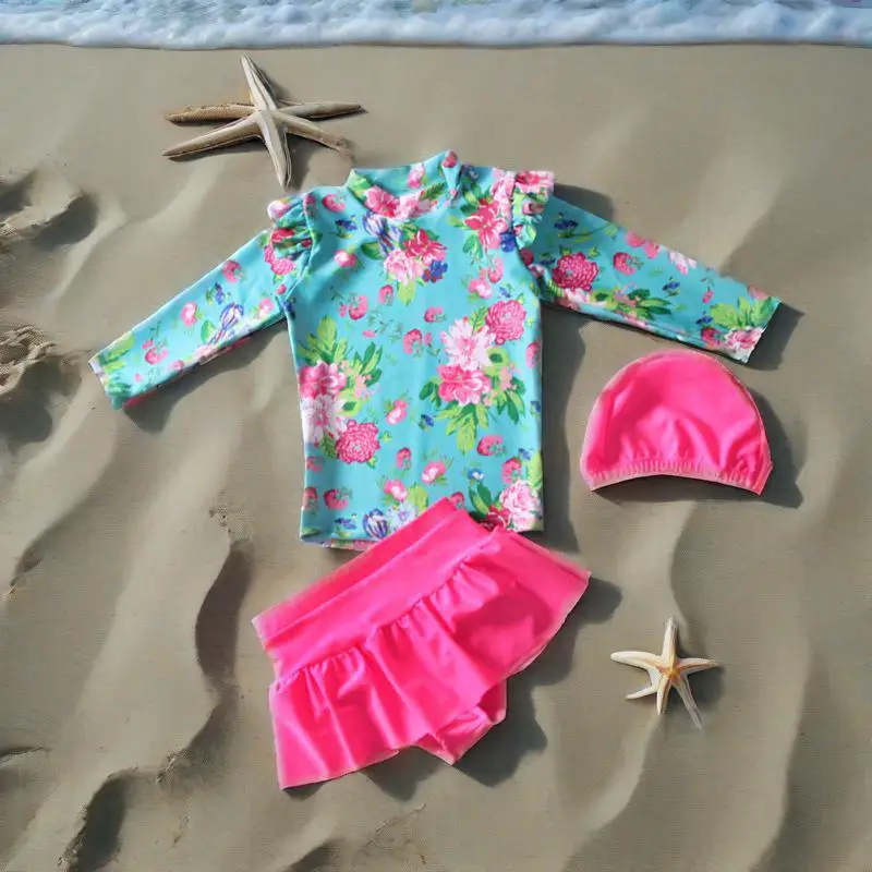 

3-7 Years Sweet Baby Kids Girls Bikini Set Beachwear with Hat Bathing Suit Children Girls Long Sleeve Swimming Top UV Protection