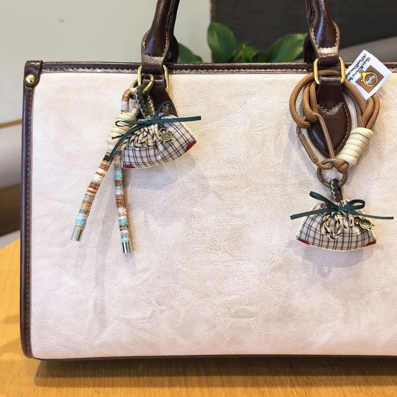 Vintage Fabric Plaid Small Bag Charm Handmade Forest Style Keychain Cute Eco Friendly Pendant For Purse Premium Quality Soft