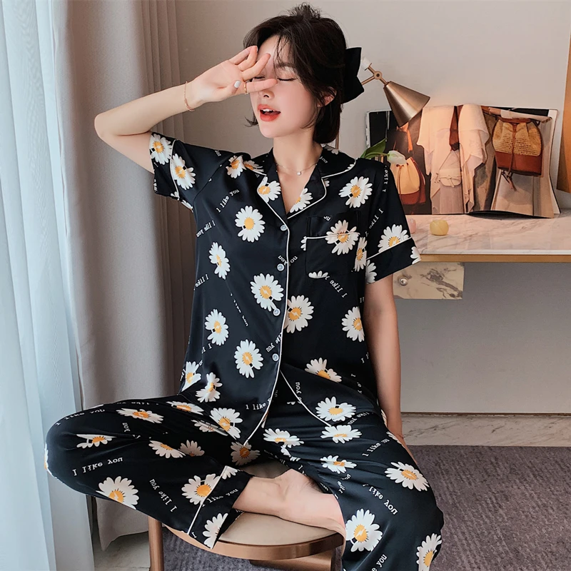 

Large size pajamas women's summer simulation silk thin printing short-sleeved trousers Korean women's home wear spring M-5XL