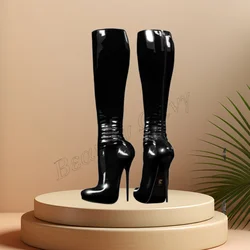 Black Back Zipper Thin Heel Boots Patent Leather Solid Round Toe High Heel Shoes for Women High Heels 2023 Zapatos Para Mujere