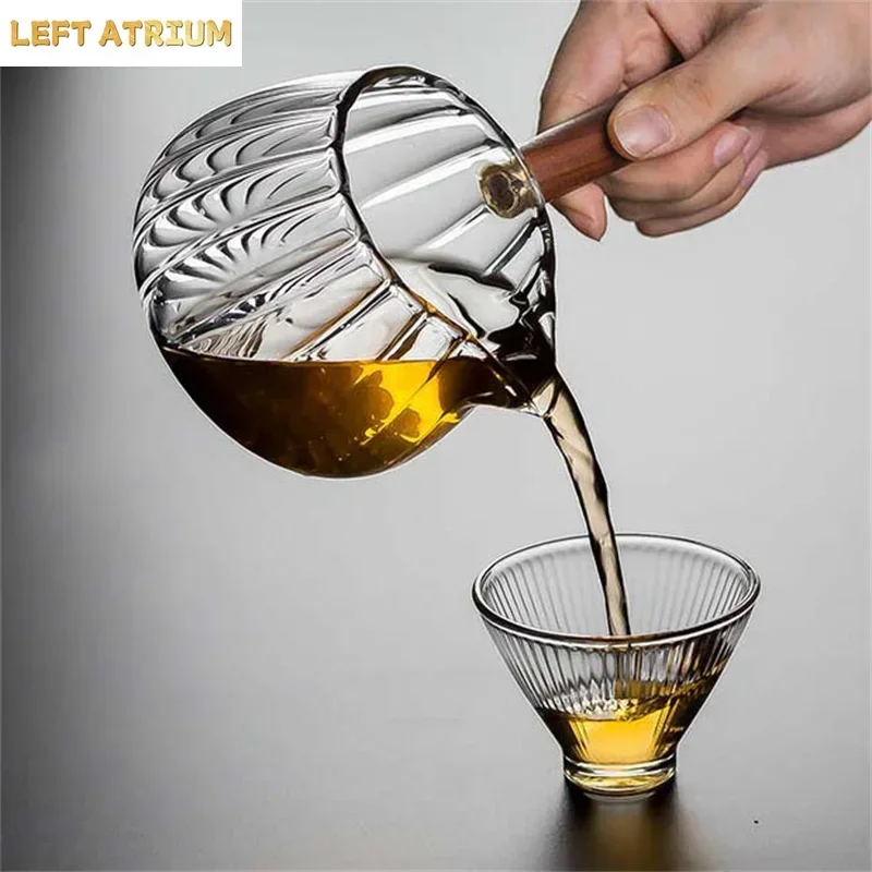 Side Wooden Handle High Borosilicate Stripe Glass Tea Dispenser Fair Cup Chahai Kung Fu Tea Set
