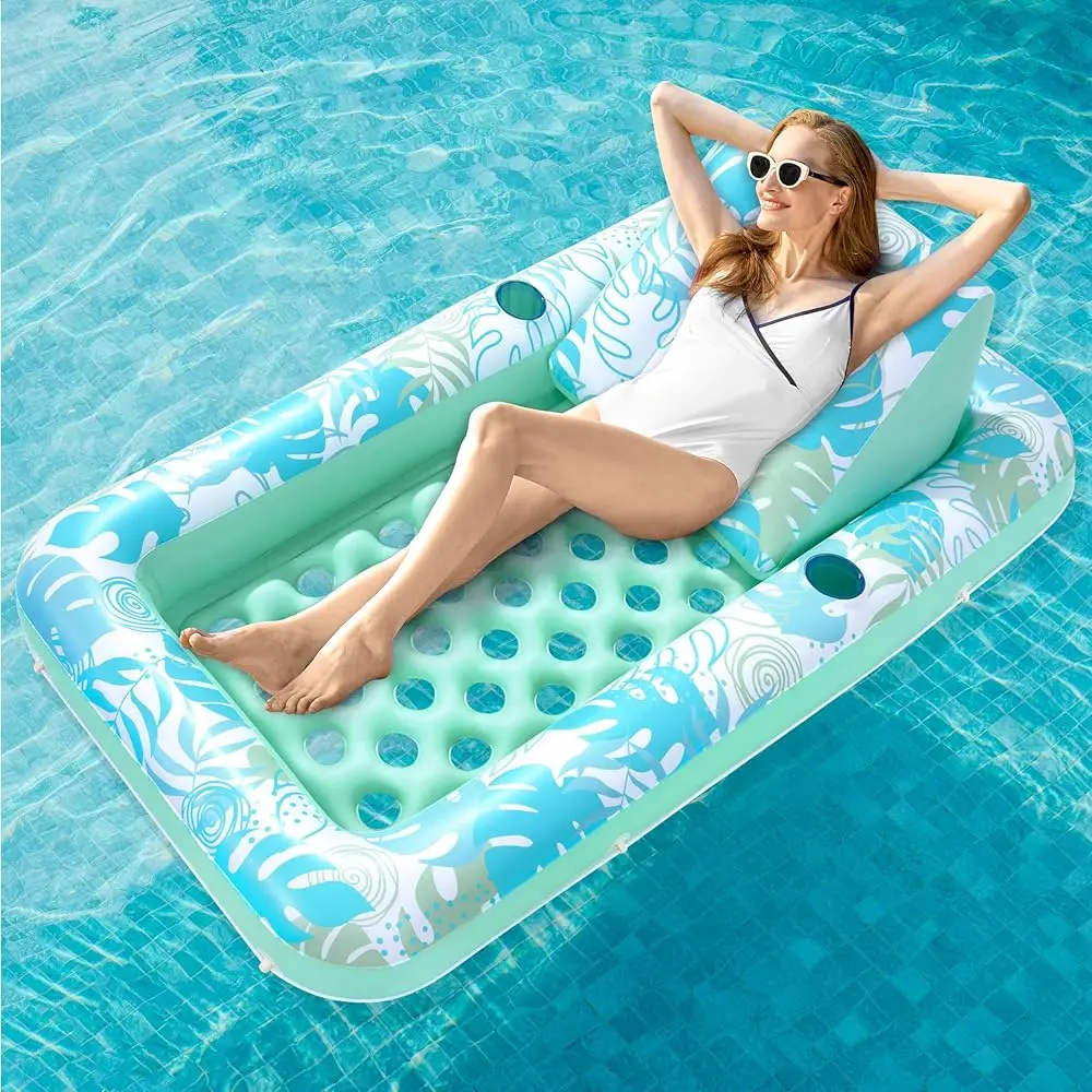

Inflatable Pool Floats With Cooling Water Hole,72"" X 38"" Daybed Pool Lounger Adults With Cup Holders, Adjustable Backrest