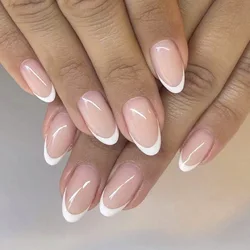 24pcs French Simple Fake Nails Ins White Edge Nude Color False Nail Tips Almond Stick on Nail Patch for Girl Lady Manicure Tools