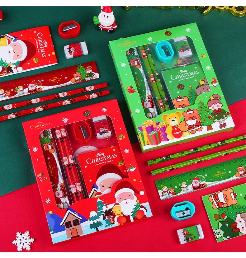 6pcs/set Christmas Gifts for Kids Stationery Set Party Favor Pencil Sharpener Eraser Note Book Kawaii School Stationery Supplies