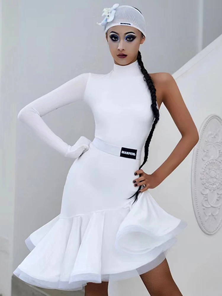 2024 Latin Dance Dress Women Single-Sleeve Fishbone Skirt Performance Costume Adult Rumba Cha Cha Latin Competition Dress V19133