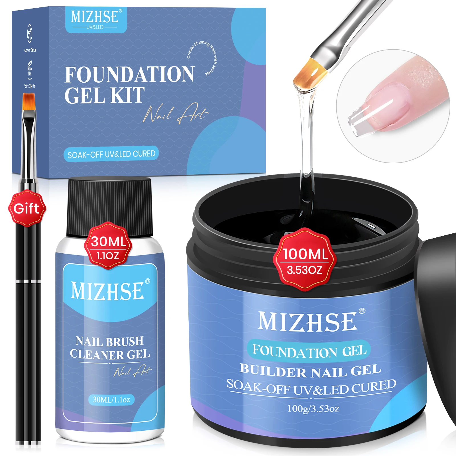 

MIZHSE 100ML No Wipe Gel Base Coat Set, High Gloss Long Lasting Gel, Soak Off Nail Art with Brush & Cleaner, Gift Kit for Women