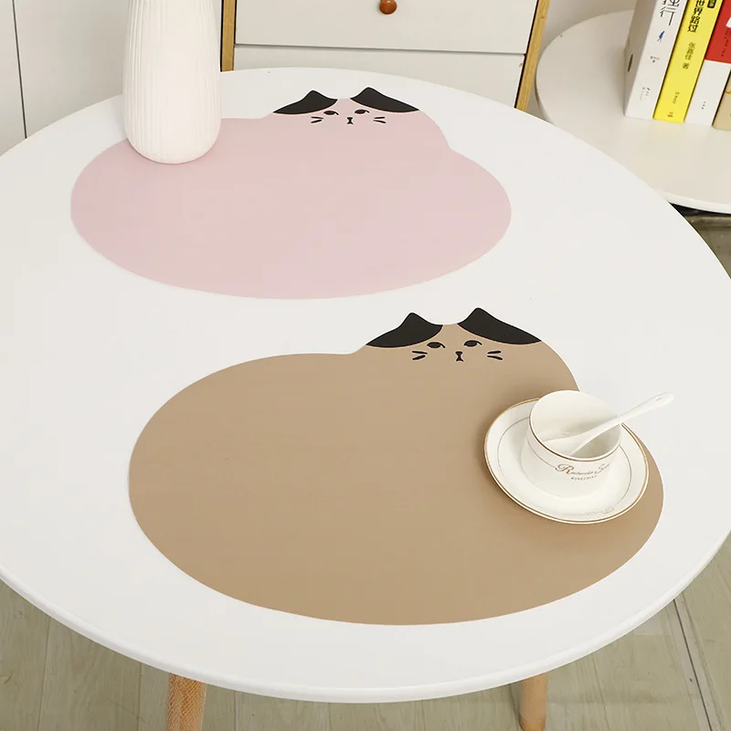 Leather Cute Pink Cat Dining Table Placemat Water Proofing Oil Proofing Heat Insulated Pad Non-slip Mouse Pad Coffee Drink Pad