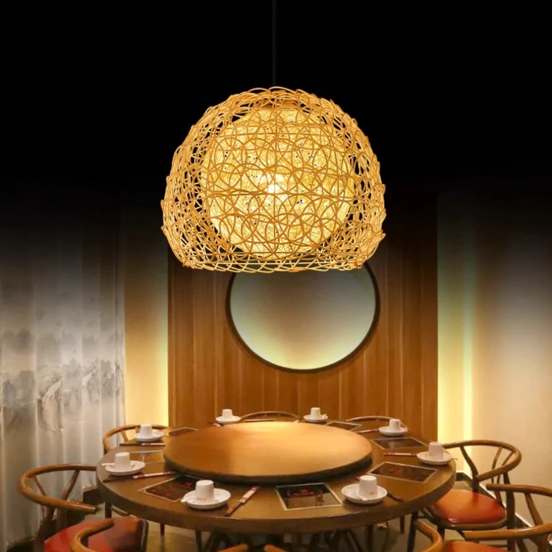 Japanese Retro Hand Knitting Rattan Weaving LED Pendant Lamp Personality Sesame Ball Restaurant Cafe Study Bedroom Hanging Light