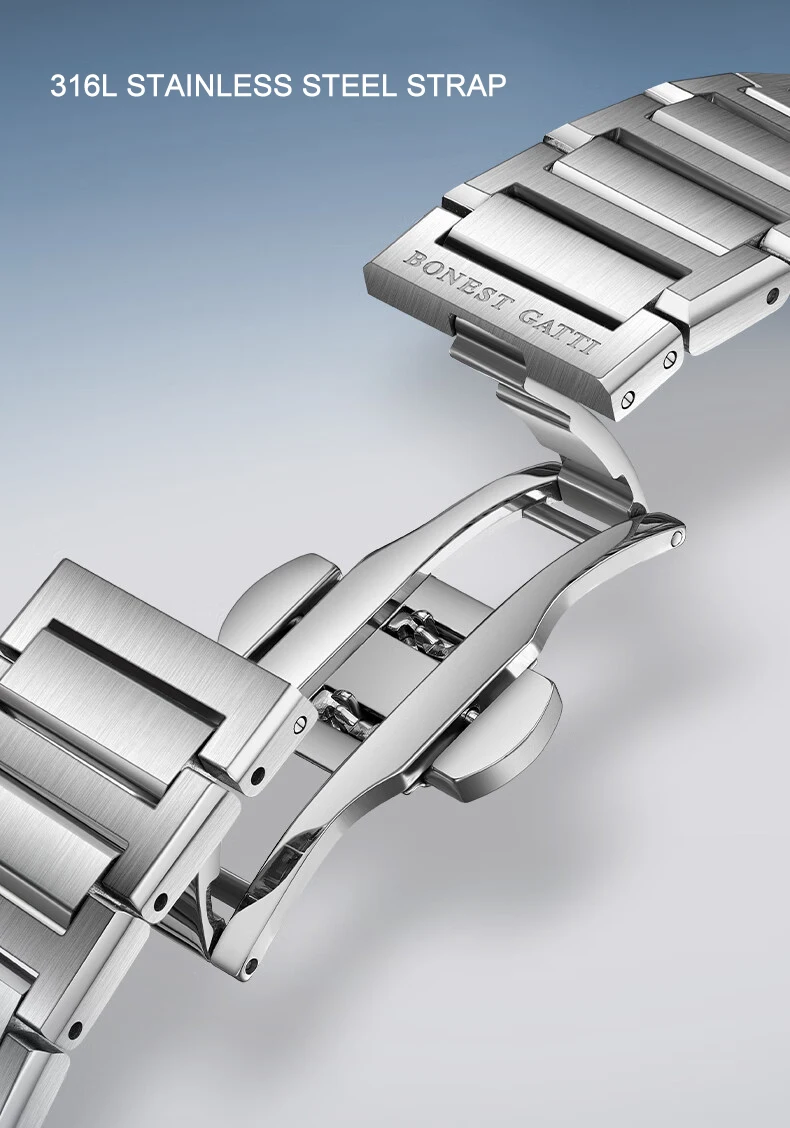 BONEST GATTI ساعة أوتوماتيكية للرجال 42 ملم ساعة يد ميكانيكية ياقوت زجاجي هيكل عظمي قرص كريستال مضيء