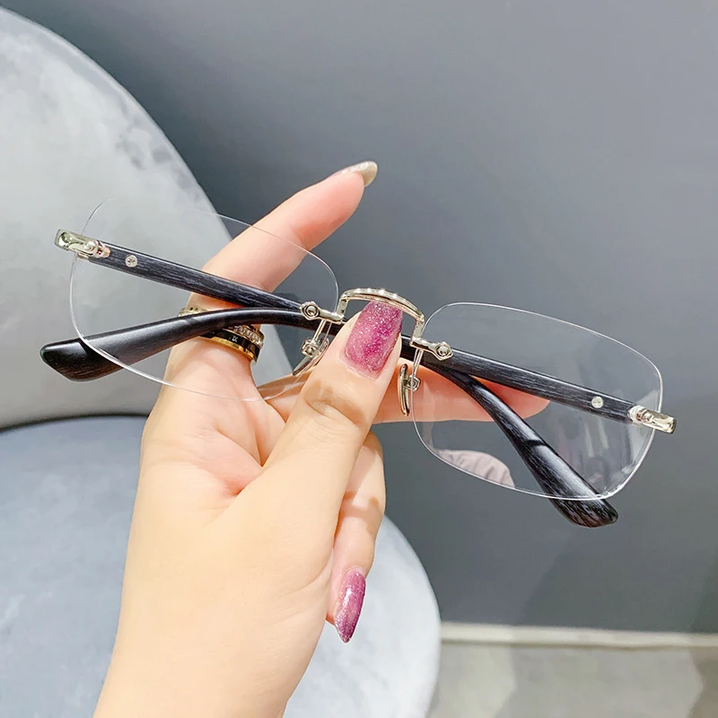 Rimless Finished Myopia Glasses Retro Anti-blue Light Myopic Eyeglasses Women Men Unisex Wood Grain Frame Diopter 0 -1.0 To -4.0