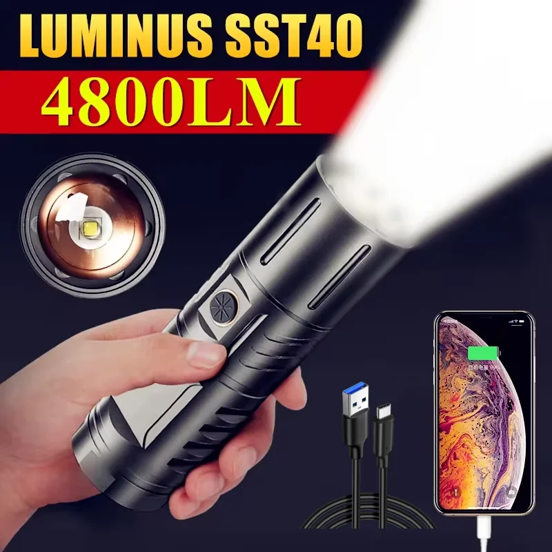 Built-in 3*18650 battery 5000 mAh Led zoom Flashlight SST40 High Power Flash Light Torch 4800lm Camping Tactical Work Lamp