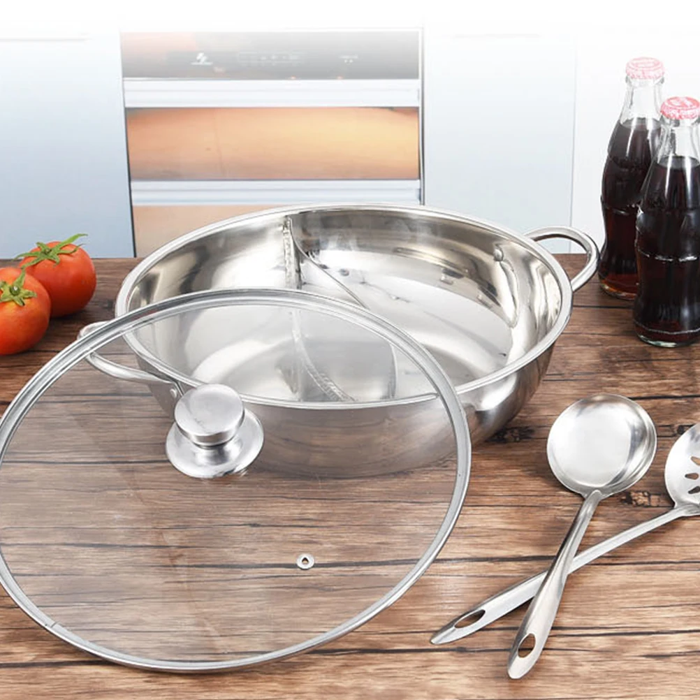 

Stainless SteelPot 32cm Double Flavor Divider Hot Pot Set Glass Lid Spoon Electromagnetic Gas Kitchen Pan