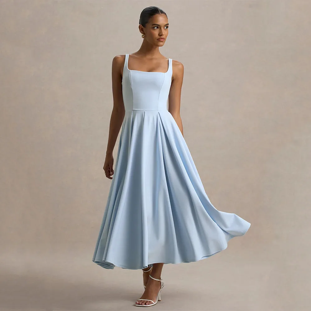 カスタマイズ可能なシンプルなパーティードレス、ライトスカイブルーのタンクトップ、Aライン、ティーレングス、女性用タンクスリーブレスミディカクテルドレス