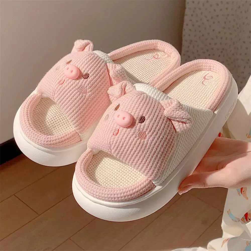 

Slippers for Women Linen Cotton Home Shoes Thick Soft Sole Lovely Pig Non-slip for Outdoor for Four Seasons Korean Style