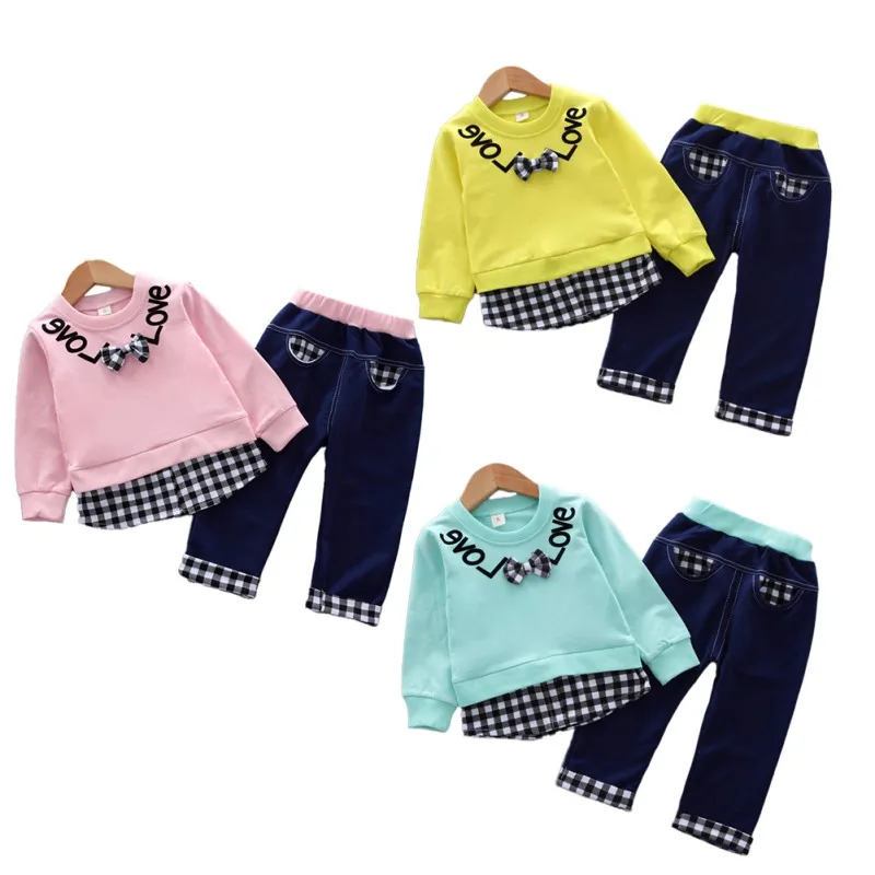 

1-3Y Baby Girls Long Sleeve Clothing Set Toddler 3D Plaid Letter Autumn Fall Basic Cotton Sets Fashion Kids Casual Clothes Suits