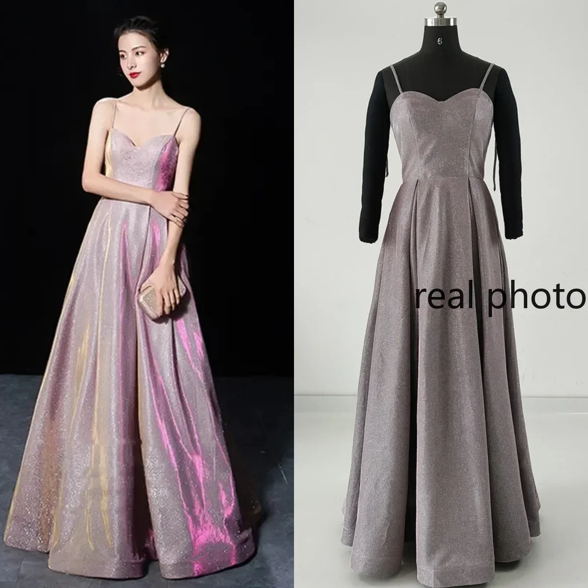 

Real Photo Evening Dress Pink Shiny Spaghetti Straps Pleat A-line Floor-Length Lace Up Plus size Woman Party Formal Gown K327