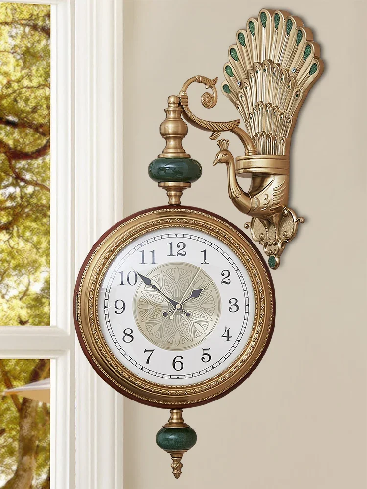 The product can be customized.European Light Luxury Creative Double sided Clock American Peacock Personalized