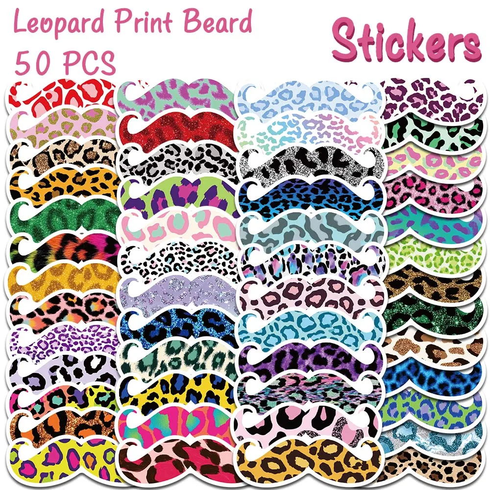 50Pcs Colorful Leopard Print Beard Stickers Funny Fake Mustache Decal For Phone Case Laptop Journal Scrapbook DIY Creative Gift