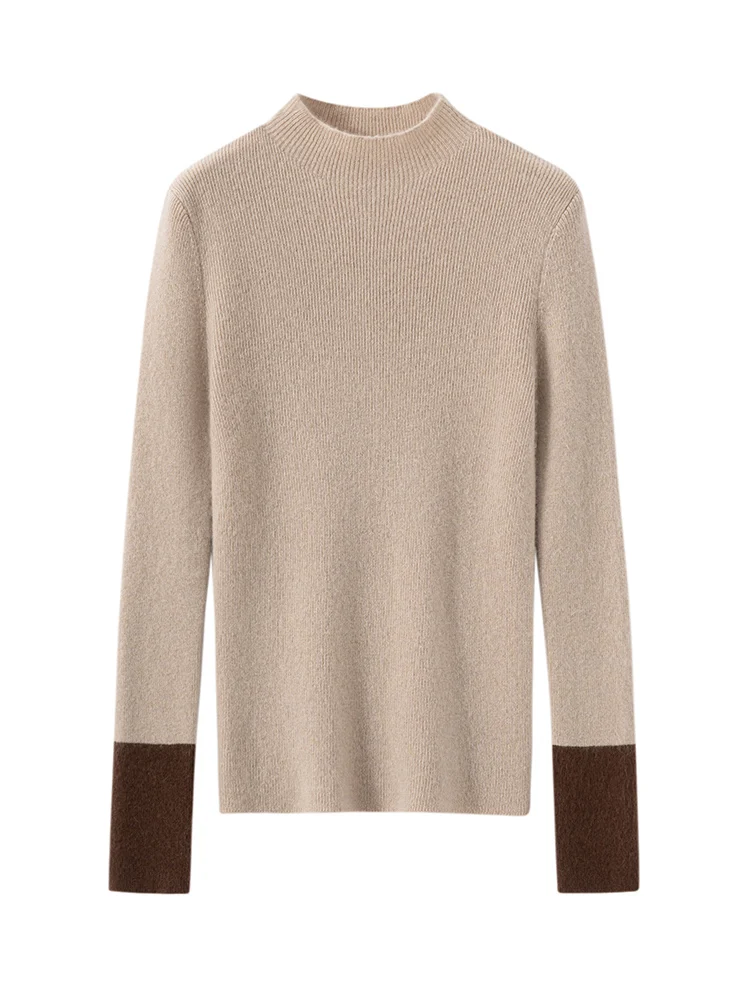

TLOML Women 100% Cashmere Sweater Mock Neck Color Block Splicing Sleeves Pullover Sweater Autumn Winter Basic Slim Soft Chic Top