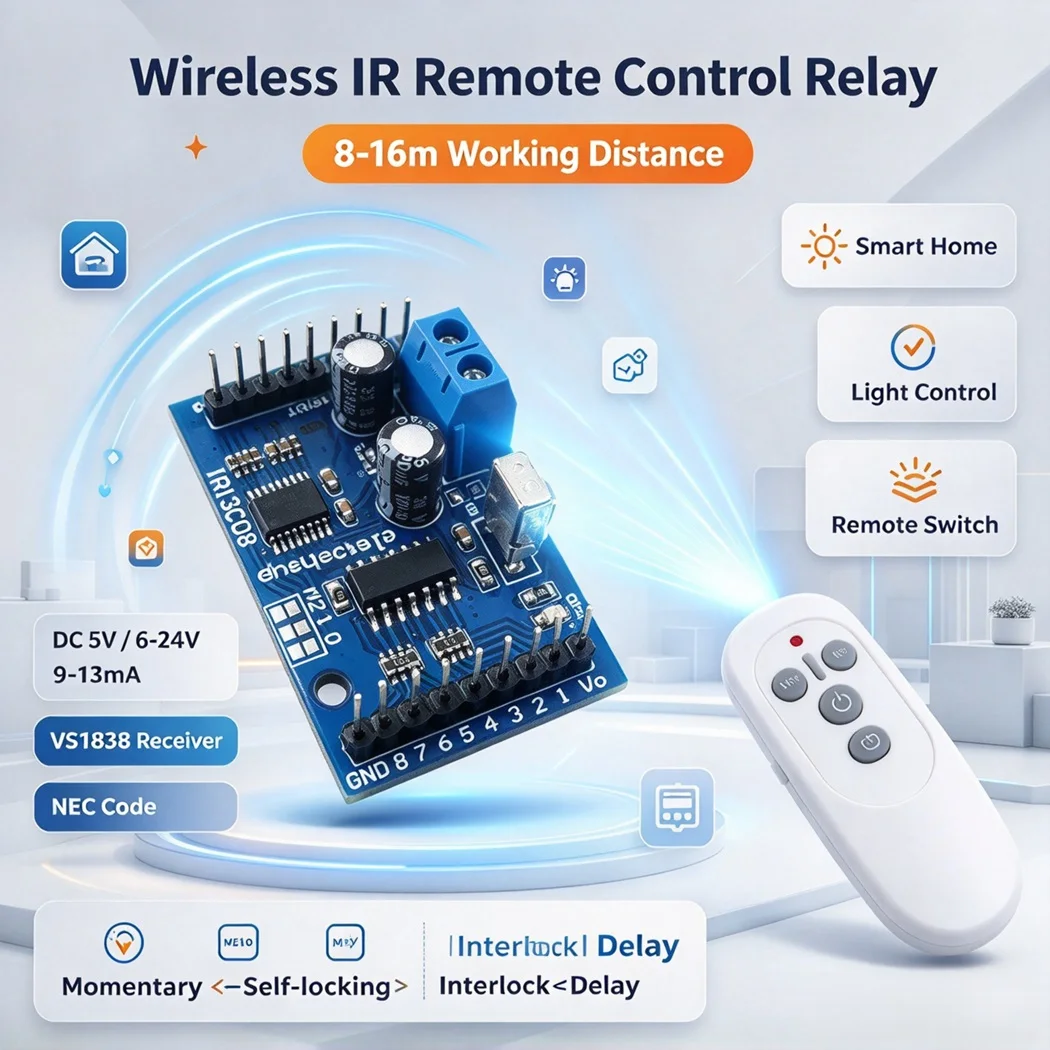 8 Channel Infrared Control Module VS1838 NEC IR Remote 4 Modes Self-locking Interlock Delay TTL PNP Trigger DC5V/6-24V